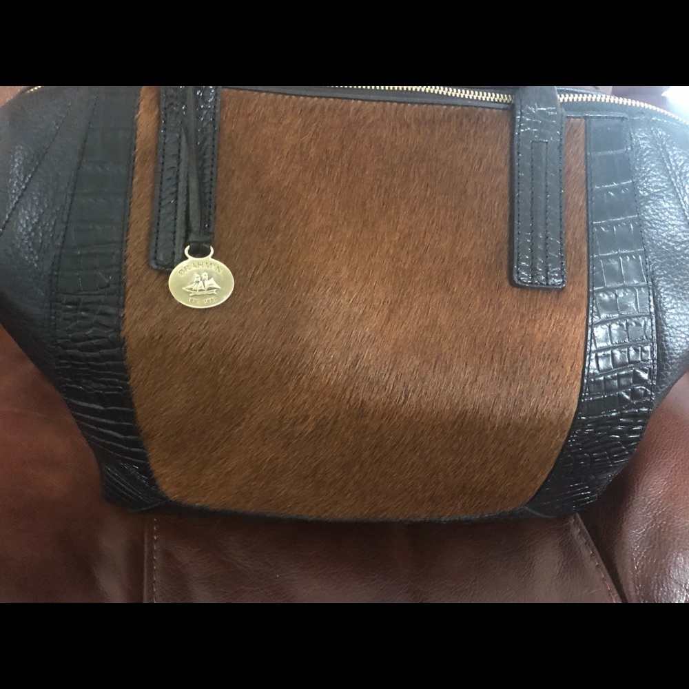Brahmin w/ cognac fur front/ leather bag.